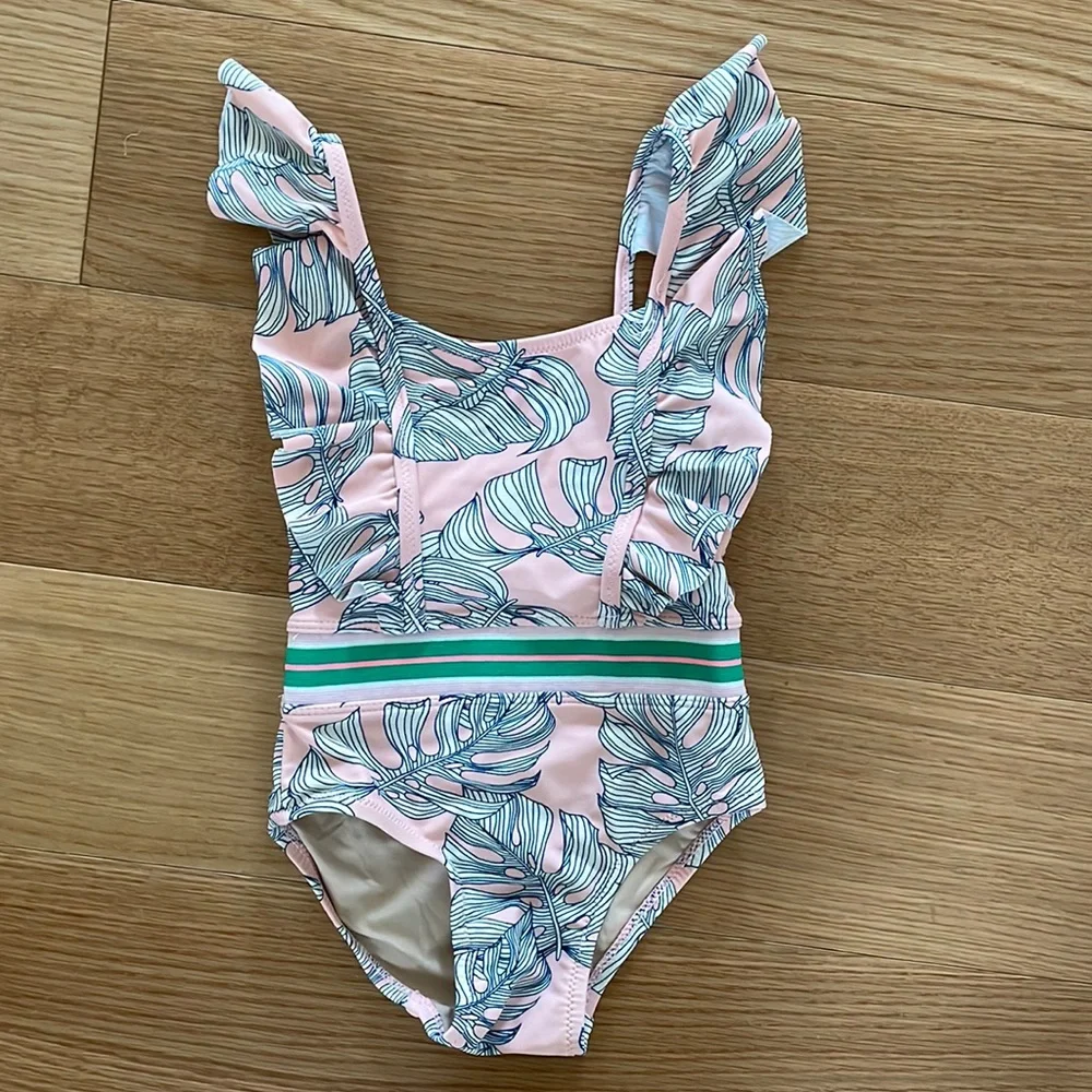 Shade Critters Pink Monstera Ruffle One-Piece Swimsuit - 18-24 M - Picture 2 of 4